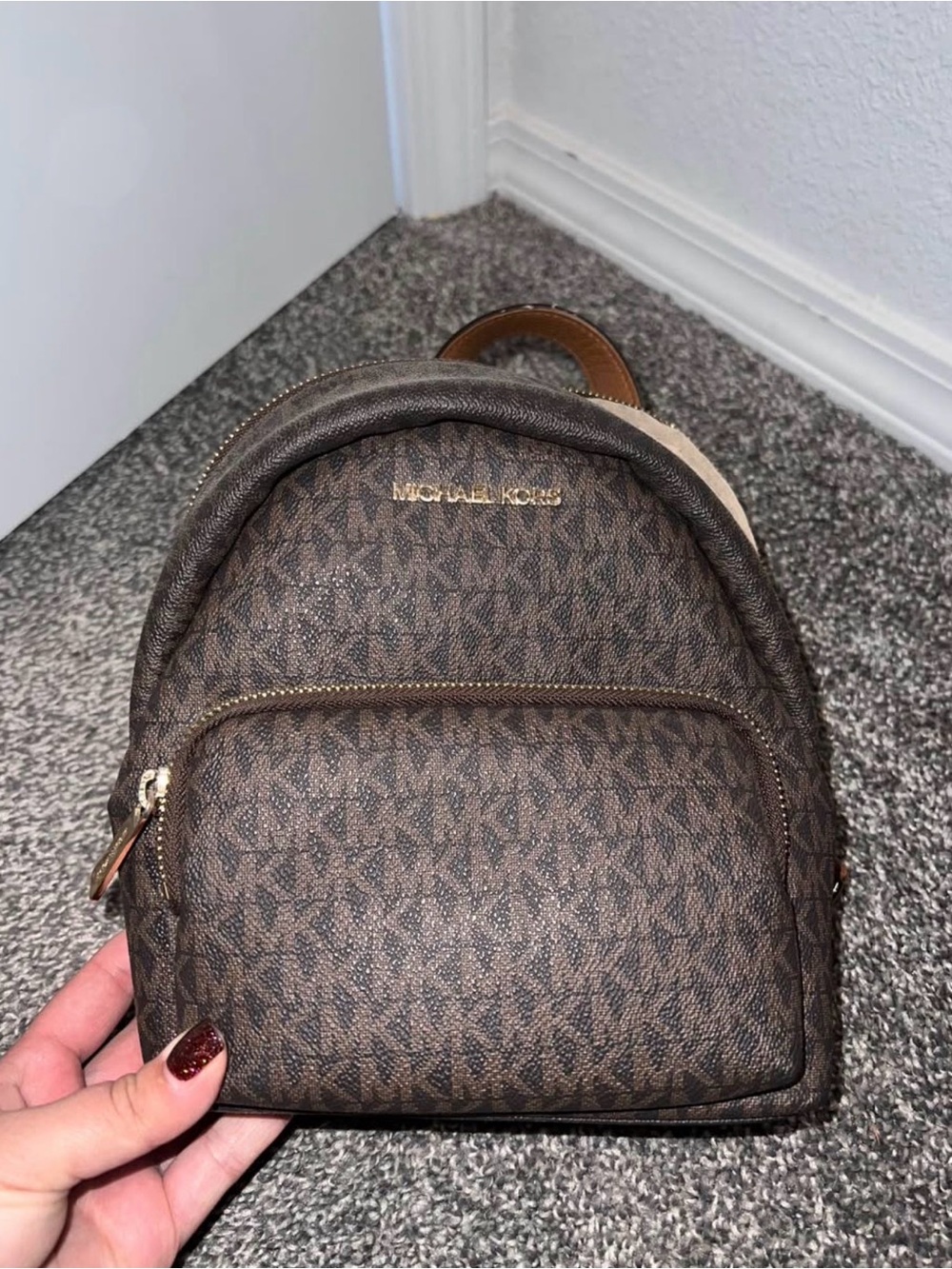 Michael Kors Dark Brown Logo Mini Backpack with Gold Hardware